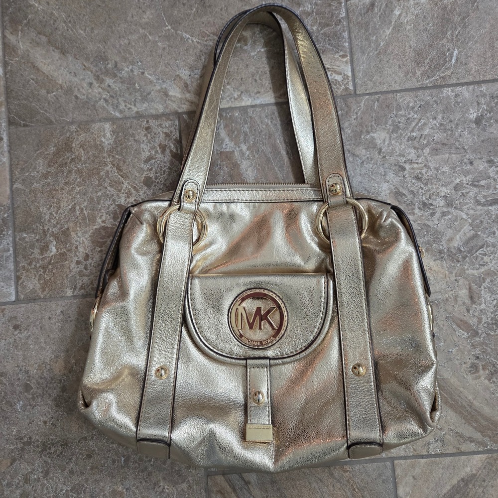 Michael Kors Gold Metallic Leather Convertible Shoulder Handbag Tote‎ Bag